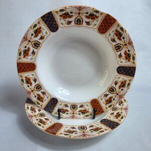 TWO Queens Imari Rim Soup Bowls Green Blue Diamond Band Floral Arches